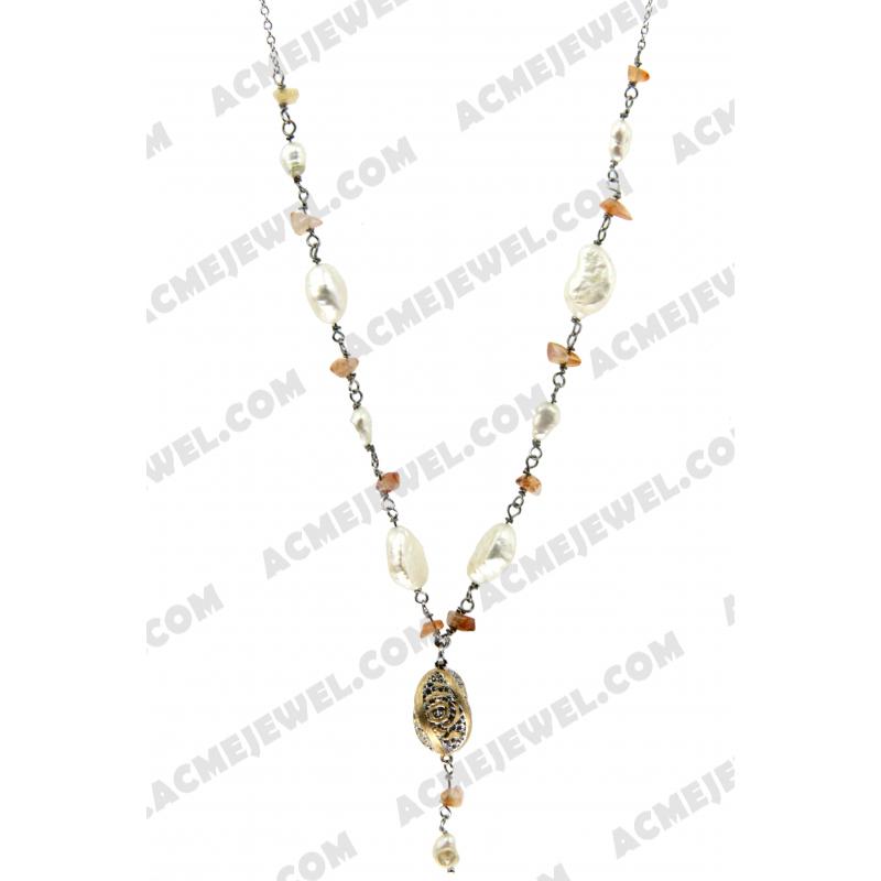 Necklace 925 Sterling Silver 2-tone Gold (sand finishing) and rhodium