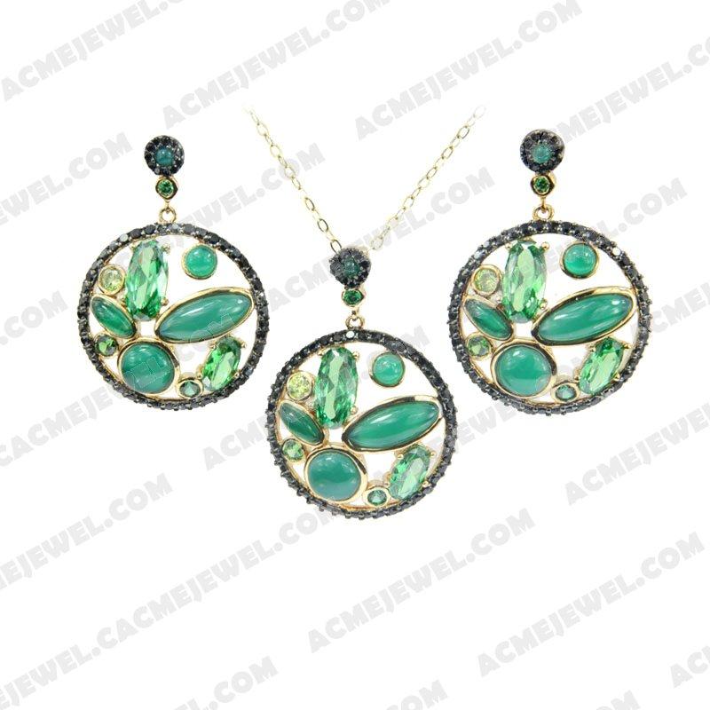 ﻿Jewellery Set 925 Sterling Silver 2-tone Gold and black rhodium