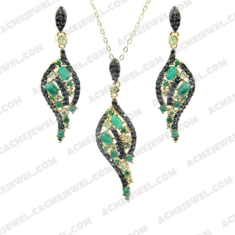 Jewellery Set 925 Sterling Silver 2-tone Gold and black rhodium